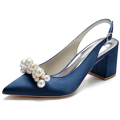 Damen Slingback Pumps Geschlossene Zehe Blockabsatz Lässige Klobige Absätze Abend Party Schuhe,Dark Blue,37 EU von RJYAUEFR