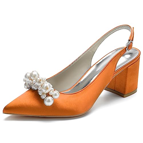 Damen Slingback Pumps Geschlossene Zehe Blockabsatz Lässige Klobige Absätze Abend Party Schuhe,Orange,37 EU von RJYAUEFR