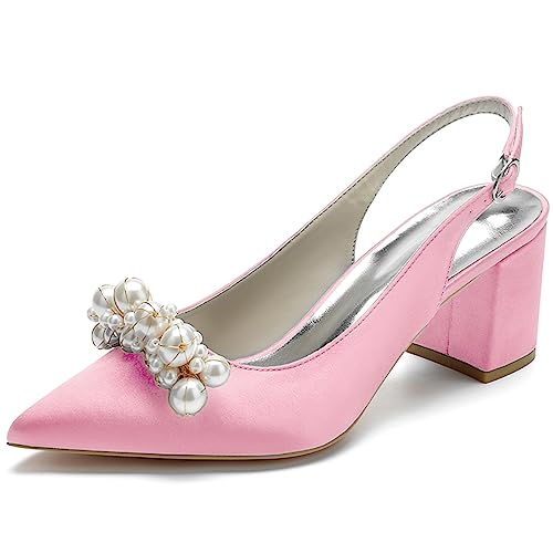 Damen Slingback Pumps Geschlossene Zehe Blockabsatz Lässige Klobige Absätze Abend Party Schuhe,Rosa,37 EU von RJYAUEFR