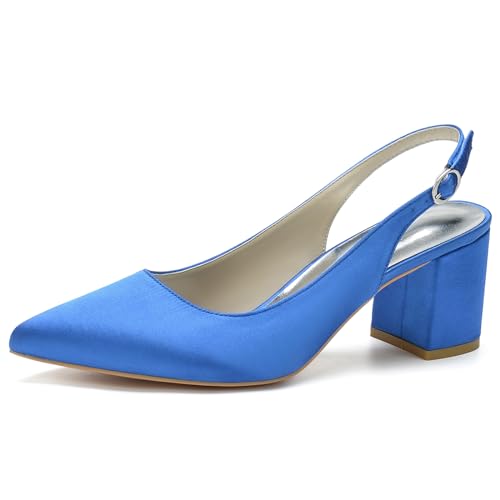 Damen Spitze Zehen Braut Pumps Slingback Blockabsatz Sandalen Knöchelriemen Büro Kleid Schuhe,Blau,35 EU von RJYAUEFR