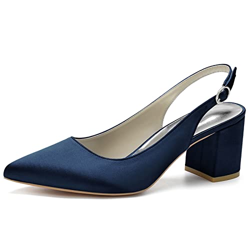 Damen Spitze Zehen Braut Pumps Slingback Blockabsatz Sandalen Knöchelriemen Büro Kleid Schuhe,Dark Blue,35 EU von RJYAUEFR