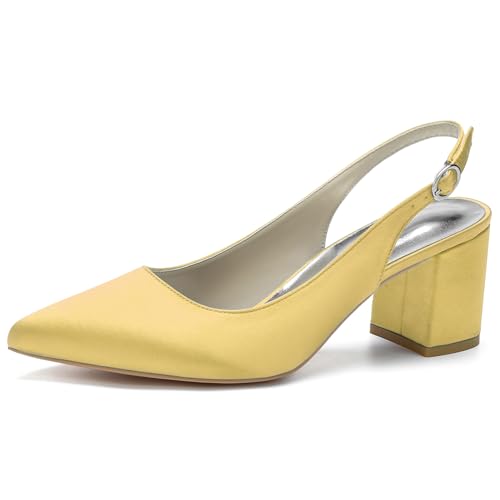 Damen Spitze Zehen Braut Pumps Slingback Blockabsatz Sandalen Knöchelriemen Büro Kleid Schuhe,Gold,35 EU von RJYAUEFR