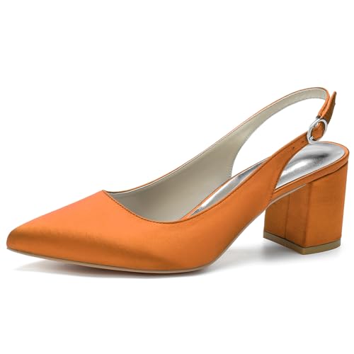 Damen Spitze Zehen Braut Pumps Slingback Blockabsatz Sandalen Knöchelriemen Büro Kleid Schuhe,Orange,35 EU von RJYAUEFR