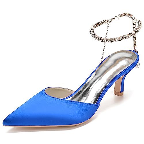 Damen Strass Knöchelriemen Pumps Satin Spitz Zehe Sommer High Heels Rückenfrei Kätzchen Absätze Hochzeitskleid Schuhe,Blau,36 EU von RJYAUEFR