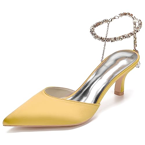 Damen Strass Knöchelriemen Pumps Satin Spitz Zehe Sommer High Heels Rückenfrei Kätzchen Absätze Hochzeitskleid Schuhe,Gold,35 EU von RJYAUEFR