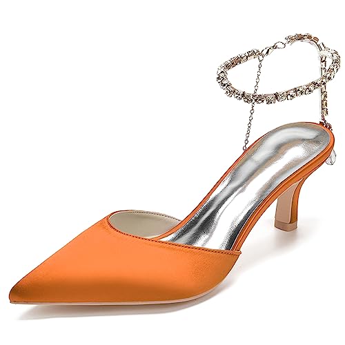 Damen Strass Knöchelriemen Pumps Satin Spitz Zehe Sommer High Heels Rückenfrei Kätzchen Absätze Hochzeitskleid Schuhe,Orange,36 EU von RJYAUEFR