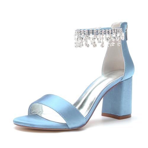 Frauen High Heels Open Toe Dating Kristall Pumps mit Reißverschluss Braut Hochzeit Party Schuhe 3,14 Zoll,Sky Blue,43 EU von RJYAUEFR