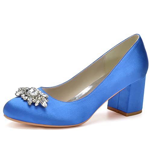 Frauen Hochzeit Schuhe Blockabsatz Pumps mit Runde Zehen und Strass Satin Hochzeit Party Schuhe,Blau,35 EU von RJYAUEFR