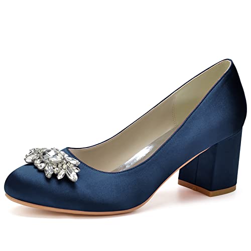 Frauen Hochzeit Schuhe Blockabsatz Pumps mit Runde Zehen und Strass Satin Hochzeit Party Schuhe,Dark Blue,38 EU von RJYAUEFR