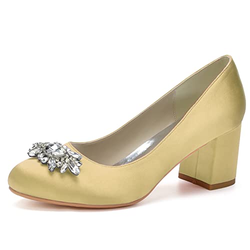 Frauen Hochzeit Schuhe Blockabsatz Pumps mit Runde Zehen und Strass Satin Hochzeit Party Schuhe,Gold,35 EU von RJYAUEFR