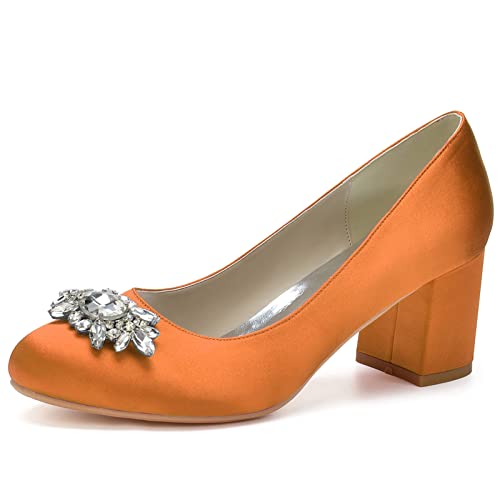 Frauen Hochzeit Schuhe Blockabsatz Pumps mit Runde Zehen und Strass Satin Hochzeit Party Schuhe,Orange,40 EU von RJYAUEFR