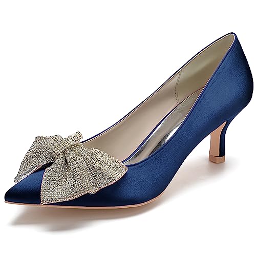 Frauen Kätzchen Absatz Hochzeit Kleid Schuhe Geschlossene Zehe Sexy Bogen Absatz Arbeit Pumps,Dark Blue,37 EU von RJYAUEFR