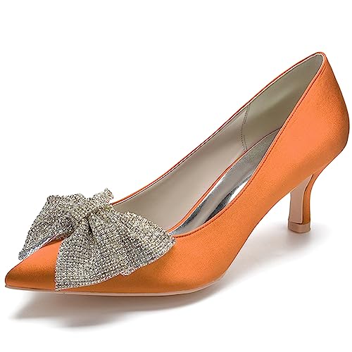 Frauen Kätzchen Absatz Hochzeit Kleid Schuhe Geschlossene Zehe Sexy Bogen Absatz Arbeit Pumps,Orange,37 EU von RJYAUEFR