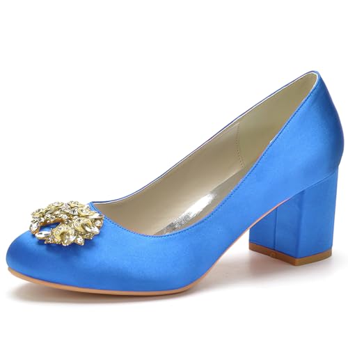 Frauen Runde Zehen Niedriger Blockabsatz Brautschuhe Satin Klobiger Absatz Hochzeitsschuhe Slip On Büro Schuhe,Blau,43 EU von RJYAUEFR