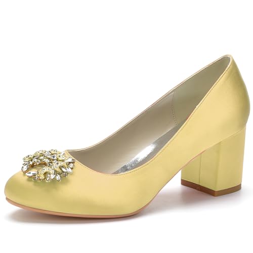 Frauen Runde Zehen Niedriger Blockabsatz Brautschuhe Satin Klobiger Absatz Hochzeitsschuhe Slip On Büro Schuhe,Gold,37 EU von RJYAUEFR