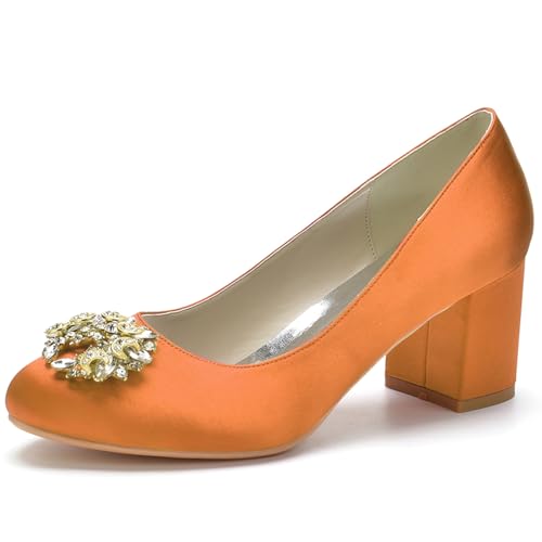 Frauen Runde Zehen Niedriger Blockabsatz Brautschuhe Satin Klobiger Absatz Hochzeitsschuhe Slip On Büro Schuhe,Orange,36 EU von RJYAUEFR