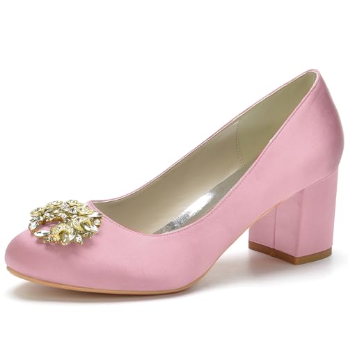 Frauen Runde Zehen Niedriger Blockabsatz Brautschuhe Satin Klobiger Absatz Hochzeitsschuhe Slip On Büro Schuhe,Rosa,36 EU von RJYAUEFR