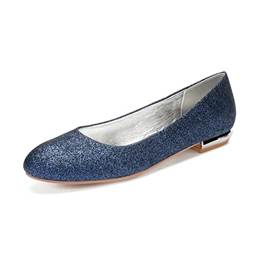 RJYAUEFR Damen Brautschuhe Runder Zeh Glitzer Ballerina Hochzeit Flache Schuhe,Dark Blue,38 EU von RJYAUEFR