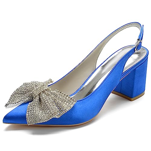 RJYAUEFR Damen Geschlossene Zehen Bogen High Heels Slingback Blockabsatz Pumps Knöchelriemen Kleid Sandalen Mit Absatz,Blau,38 EU von RJYAUEFR