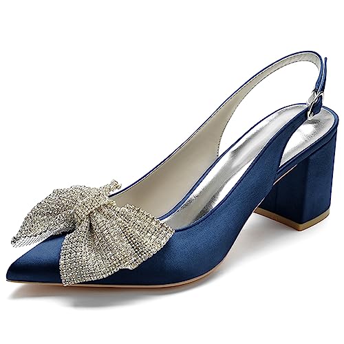 RJYAUEFR Damen Geschlossene Zehen Bogen High Heels Slingback Blockabsatz Pumps Knöchelriemen Kleid Sandalen Mit Absatz,Dark blue,36 EU von RJYAUEFR