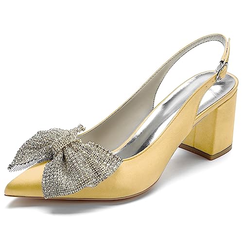 RJYAUEFR Damen Geschlossene Zehen Bogen High Heels Slingback Blockabsatz Pumps Knöchelriemen Kleid Sandalen Mit Absatz,Gold,35 EU von RJYAUEFR