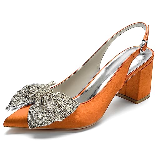 Damen Geschlossene Zehen Bogen High Heels Slingback Blockabsatz Pumps Knöchelriemen Kleid Sandalen Mit Absatz,Orange,35 EU von RJYAUEFR