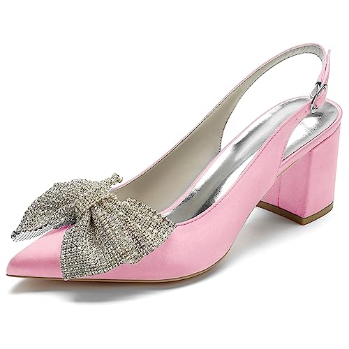 RJYAUEFR Damen Geschlossene Zehen Bogen High Heels Slingback Blockabsatz Pumps Knöchelriemen Kleid Sandalen Mit Absatz,Rosa,38 EU von RJYAUEFR