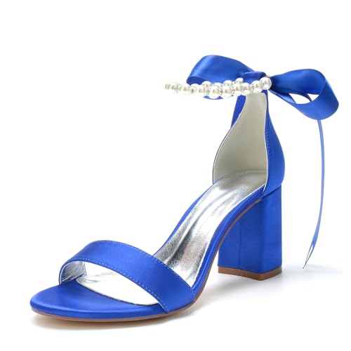 RJYAUEFR Damen Kleid Sandalen Offene Spitze Breite Ferse Braut Hochzeit Schuhe mit Perlen Knöchel Strap,Blau,38 EU von RJYAUEFR