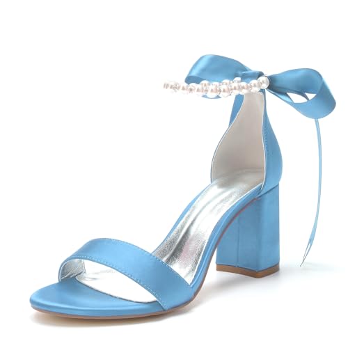 RJYAUEFR Damen Kleid Sandalen Offene Spitze Breite Ferse Braut Hochzeit Schuhe mit Perlen Knöchel Strap,Sky blue,37 EU von RJYAUEFR