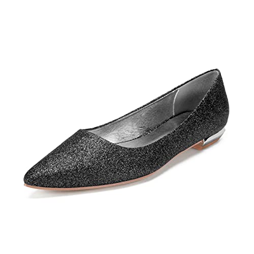 RJYAUEFR Damen Pailletten Ballerinas Geschlossen Spitze Spitze Flache Brautschuhe für Hochzeit Abend,Dark Blue,39 EU von RJYAUEFR