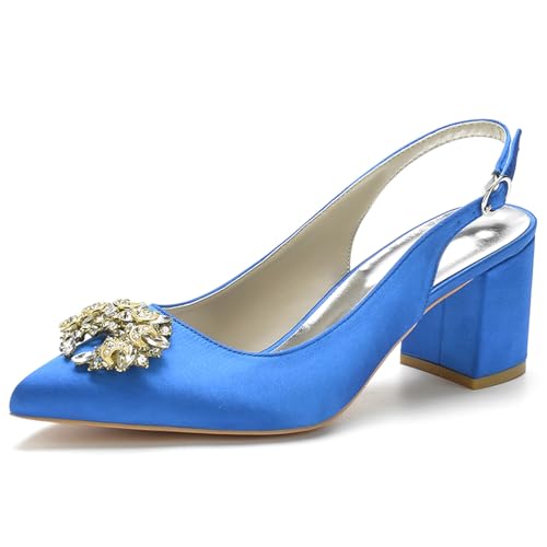 RJYAUEFR Damen Pumps Slingback Sandalen Spitze Zehen Kleid Partei Gericht Schuhe Blockabsatz Hochzeit Schuhe,Blau,38 EU von RJYAUEFR