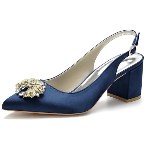 RJYAUEFR Damen Pumps Slingback Sandalen Spitze Zehen Kleid Partei Gericht Schuhe Blockabsatz Hochzeit Schuhe,Dark blue,39 EU von RJYAUEFR