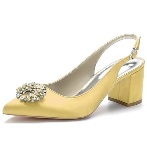 RJYAUEFR Damen Pumps Slingback Sandalen Spitze Zehen Kleid Partei Gericht Schuhe Blockabsatz Hochzeit Schuhe,Gold,37 EU von RJYAUEFR