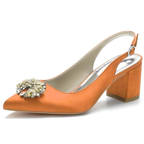 RJYAUEFR Damen Pumps Slingback Sandalen Spitze Zehen Kleid Partei Gericht Schuhe Blockabsatz Hochzeit Schuhe,Orange,38 EU von RJYAUEFR