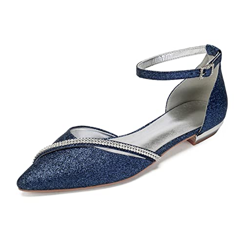 RJYAUEFR Damen Riemchenpumps Mit Flache Niedrige Absatz Geschlossener Spitze Zehen Glitzer Ballerinas Für Hochzeiten Und Partys,Dark Blue,41 EU von RJYAUEFR