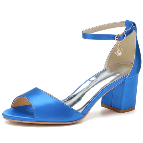 RJYAUEFR Damen Salon Schuhe Mit Streifen High Heel Block, Runde Offene Spitze, High Heel Sandalen Für Ballkleider,Blau,35 EU von RJYAUEFR