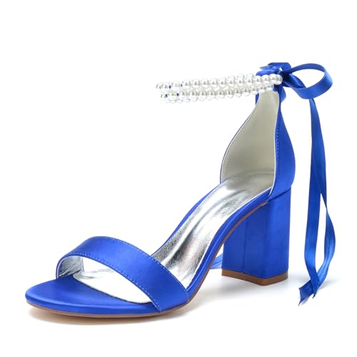 RJYAUEFR Damen Sandalen Mit Absatz Perle Riemchenpumps Sommer Elegant Blockabsatz Schuhe,Blau,39 EU von RJYAUEFR