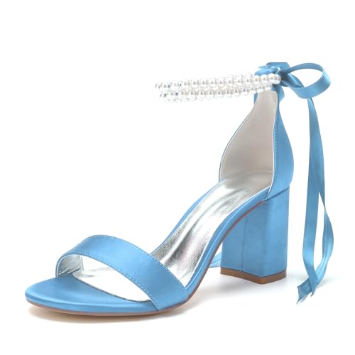 RJYAUEFR Damen Sandalen Mit Absatz Perle Riemchenpumps Sommer Elegant Blockabsatz Schuhe,Sky blue,35 EU von RJYAUEFR