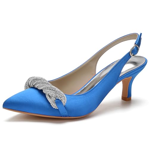 Damen Slingback Sandalen Kätzchen Absatz Geschlossene Zehen Hochzeit Braut Pumps Schuhe Mit Strass,Blau,37 EU von RJYAUEFR