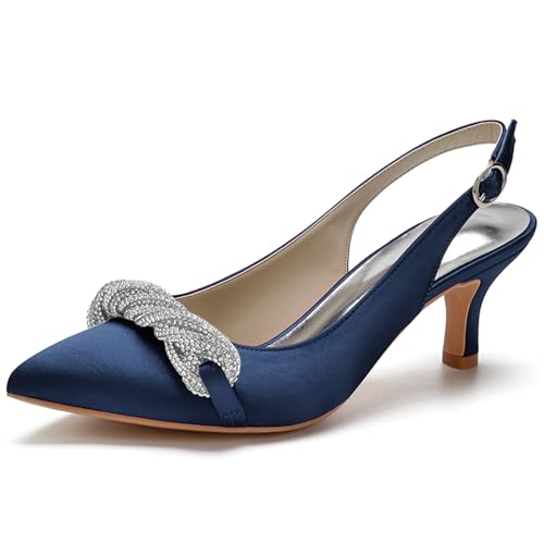 Damen Slingback Sandalen Kätzchen Absatz Geschlossene Zehen Hochzeit Braut Pumps Schuhe Mit Strass,Dark Blue,35 EU von RJYAUEFR