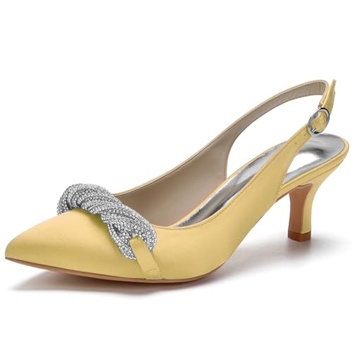 Damen Slingback Sandalen Kätzchen Absatz Geschlossene Zehen Hochzeit Braut Pumps Schuhe Mit Strass,Gold,35 EU von RJYAUEFR