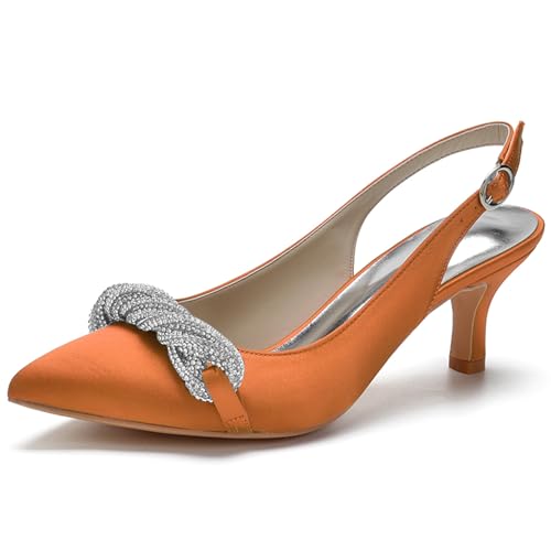 Damen Slingback Sandalen Kätzchen Absatz Geschlossene Zehen Hochzeit Braut Pumps Schuhe Mit Strass,Orange,35 EU von RJYAUEFR