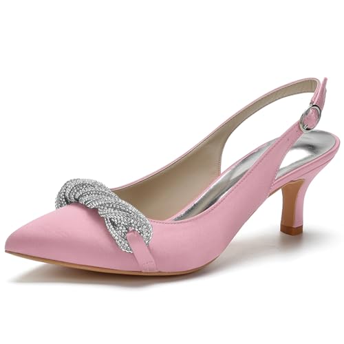 Damen Slingback Sandalen Kätzchen Absatz Geschlossene Zehen Hochzeit Braut Pumps Schuhe Mit Strass,Rosa,35 EU von RJYAUEFR