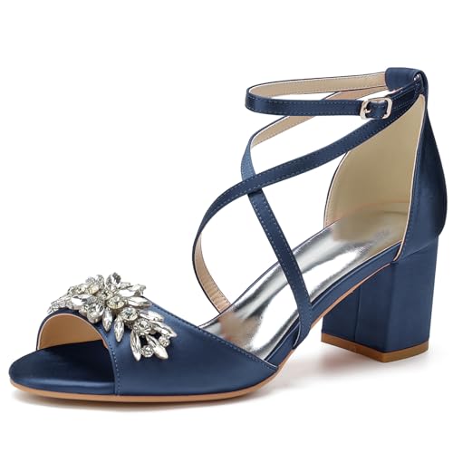 RJYAUEFR Damen Sommer Sandaletten Mit Blockabsatz Niedrige absatz Braut Pumps Offene Zehen Strass Kreuzriemchen Hochzeitsschuhe,Dark blue,35 EU von RJYAUEFR