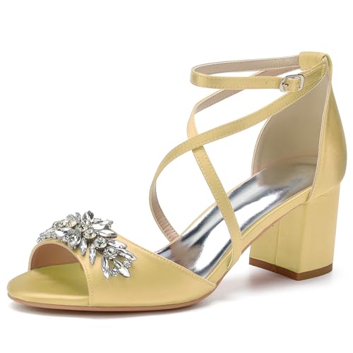 RJYAUEFR Damen Sommer Sandaletten Mit Blockabsatz Niedrige absatz Braut Pumps Offene Zehen Strass Kreuzriemchen Hochzeitsschuhe,Gold,35 EU von RJYAUEFR