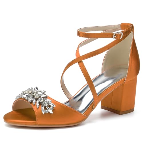 RJYAUEFR Damen Sommer Sandaletten Mit Blockabsatz Niedrige absatz Braut Pumps Offene Zehen Strass Kreuzriemchen Hochzeitsschuhe,Orange,35 EU von RJYAUEFR