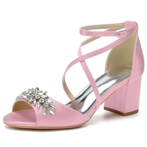 RJYAUEFR Damen Sommer Sandaletten Mit Blockabsatz Niedrige absatz Braut Pumps Offene Zehen Strass Kreuzriemchen Hochzeitsschuhe,Rosa,37 EU von RJYAUEFR