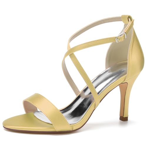 RJYAUEFR Damen Stöckelabsatz Sandalen mit Offenem Zehenbereich und Kreuzriemchen High Heel Hochzeits Brautschuhe,Gold,35 EU von RJYAUEFR