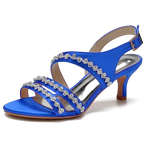 RJYAUEFR Damen Strass Hochzeit Sandalen Offene Zehen Kätzchen Absatz Brautschuhe Slingback Sommer Abendschuhe,Blau,41 EU von RJYAUEFR