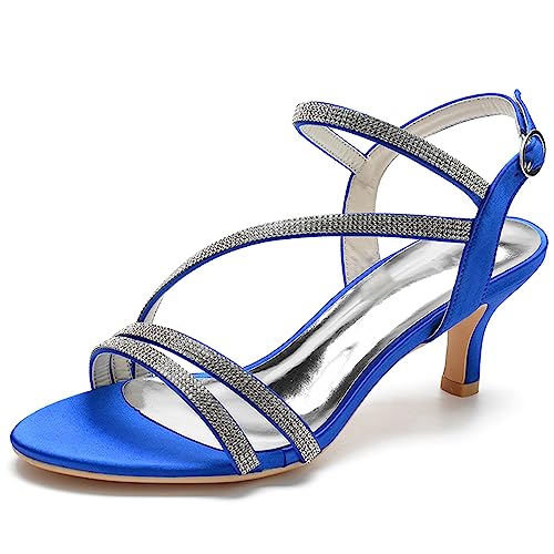 RJYAUEFR Frauen Offene Zehenpartie Slingback Hochzeits Sandalen Knöchelriemen Kätzchen Absatz Brautschuhe Strass Tanz Dating Pumps,Blau,36 EU von RJYAUEFR